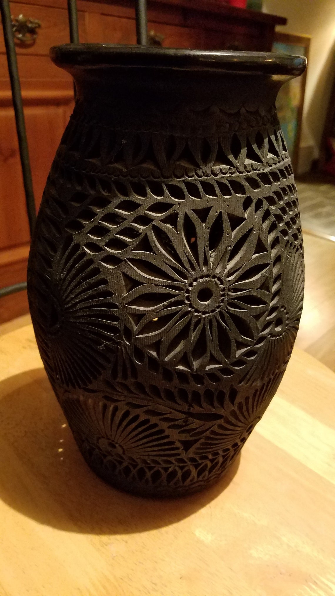 Vintage Mexican Black Pottery Tall Carved Black Clay Vase Made Etsy