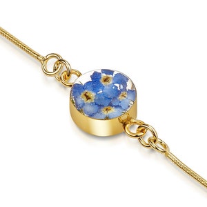 Light blue forget me not bracelet, Gold-plated snake chain with real forget-me-not flowers by Shrieking Violet®