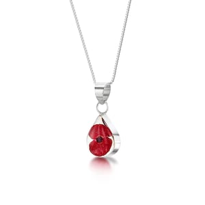 Poppy necklace. Sterling silver teardrop pendant style necklace with a real flower. Tiny Euphorbia Milii. Handmade by Shrieking Violet
