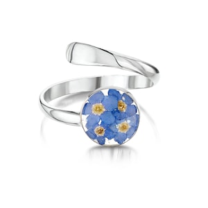 Sterling Silver Adjustable Ring with Real Forget-Me-Not Flowers | Handmade Jewelry