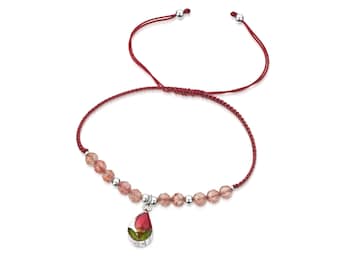 Shrieking Violet® Gemstone Bracelet - Red nylon bracelet with garnet beads - Sterling silver teardrop charm with a miniature rose