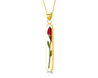 Valentines gift. Miniature rose necklace by Shrieking Violet® Sterling silver & gold-plated pendant with a real rose bud.