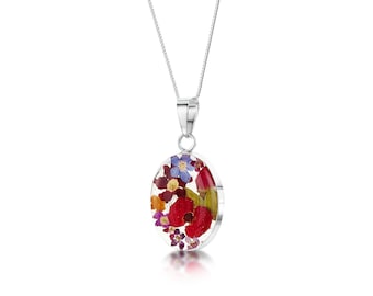 Silver Pendant Necklace - Mixed Flowers - Med Oval by Shrieking Violet®