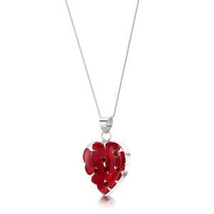 May include: A silver necklace with a heart-shaped pendant filled with red pressed flowers.