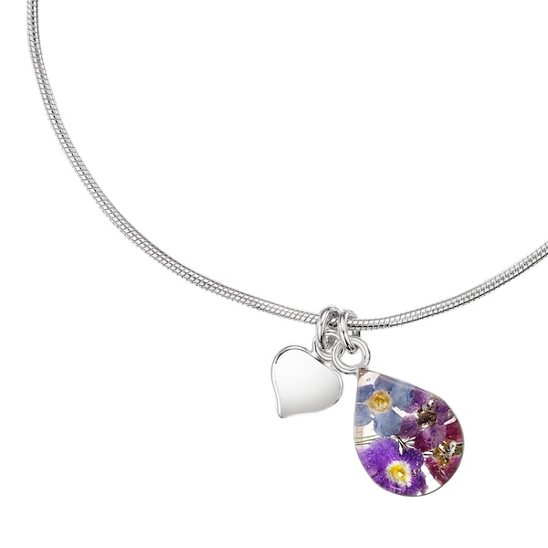 Sterling silver snake chain bracelet/anklet with real purple verbena & forget me not flowers in a teardrop charm by Shrieking Violet®