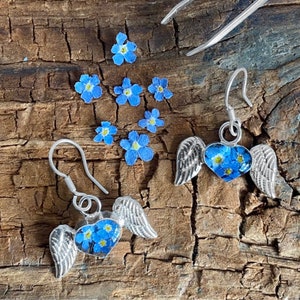 Angel Wing Earrings. Sterling silver dangle drop earrings handmade with real forget-me-not flowers.