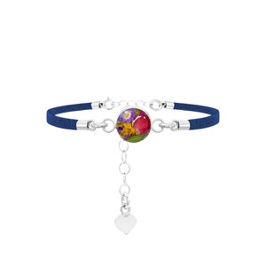 Shrieking Violet® Funky Bracelet - Navy &#39;Vegan suede&#39; strap -Sterling silver round with real flowers - Perfect gift for teacher.