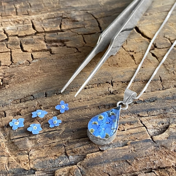 Forget me not necklace. Sterling silver teardrop pendant necklace handmade with real forget-me-nots by Shrieking Violet®
