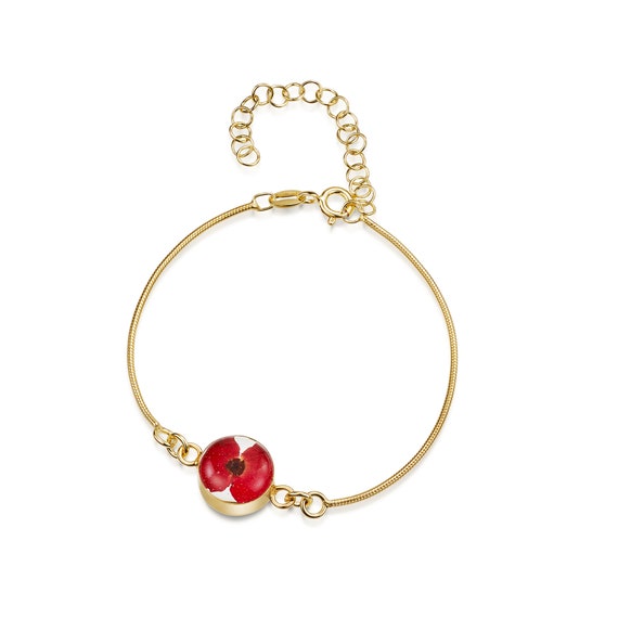 Bracciale In Argento 925 Con Veri Papaveri Conservati In Resina. Gioiello Artigianale Unico, Regalo Originale Per Gli Amanti Della Natura. Confezione Inclusa Del Marchio FHFY.