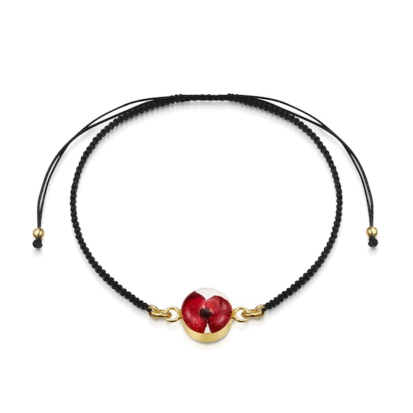 Bracelet tressé noir plaqué or avec breloque fleur - Coquelicot - ROND