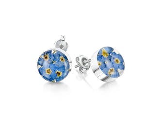 Véritables boucles d'oreilles fleur myosotis en argent sterling, boucles d'oreilles fleur véritable, bijoux fleur en résine, faits à la main - bleu.