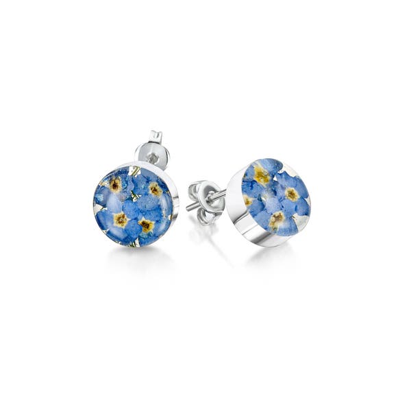 Real Forget-Me-Not Flower Stud Earrings in Sterling Silver, Real Flower Earrings, Resin Flower Jewellery, Handmade - Blue.