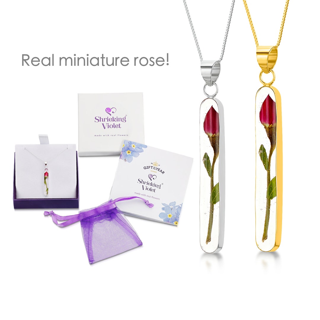 Valentines Rose Sterling Silver With a Real Miniature Rose  Bud by Shrieking Perfect Valentines Day Jewellery Gift!