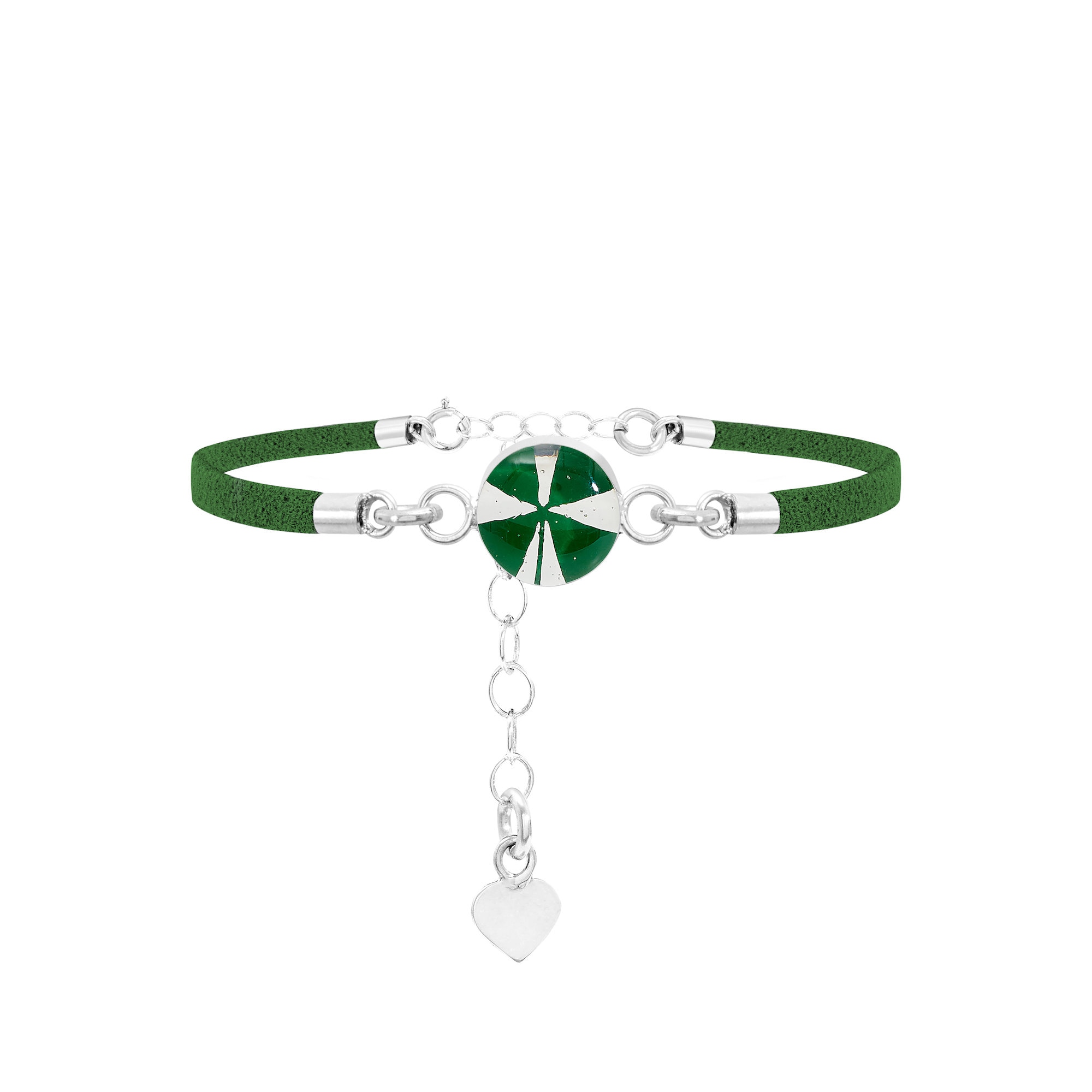 Braccialetto Shrieking Violet® Funky - Cinturino in pelle scamosciata vegana verde - Quadrifoglio - Regalo perfetto per l'insegnante - Argento sterling - Taglia unica - Italia