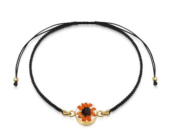 Gold plated black woven bracelet with flower charm - Sunflower -ROUND