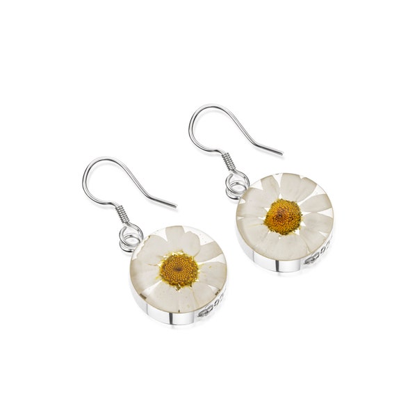 Dangle drop daisy earrings by Shrieking Violet® Sterling silver drop earrings handmade with real daisies. Perfect gift