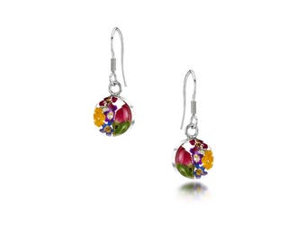 Silver drop Earrings - Mixed flowers + yellow - Sm round by Shrieking Violet®