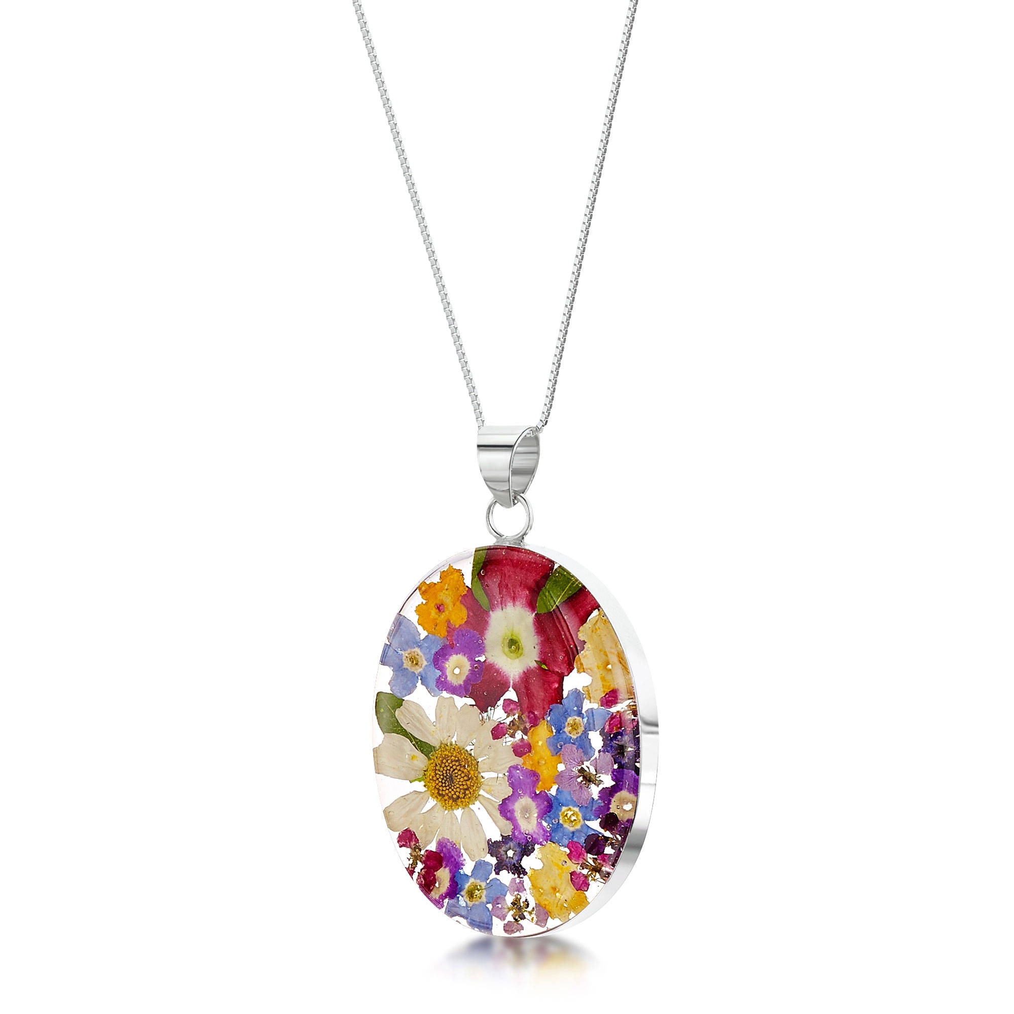 Sterling Silver Oval Necklace with Real Mixed Flowers by Shrieking Violet®