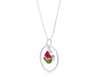 Miniature rose necklace by Shrieking Violet® Sterling silver teardrop pendant with real rose bud & silver oval hoop. Valentines gift