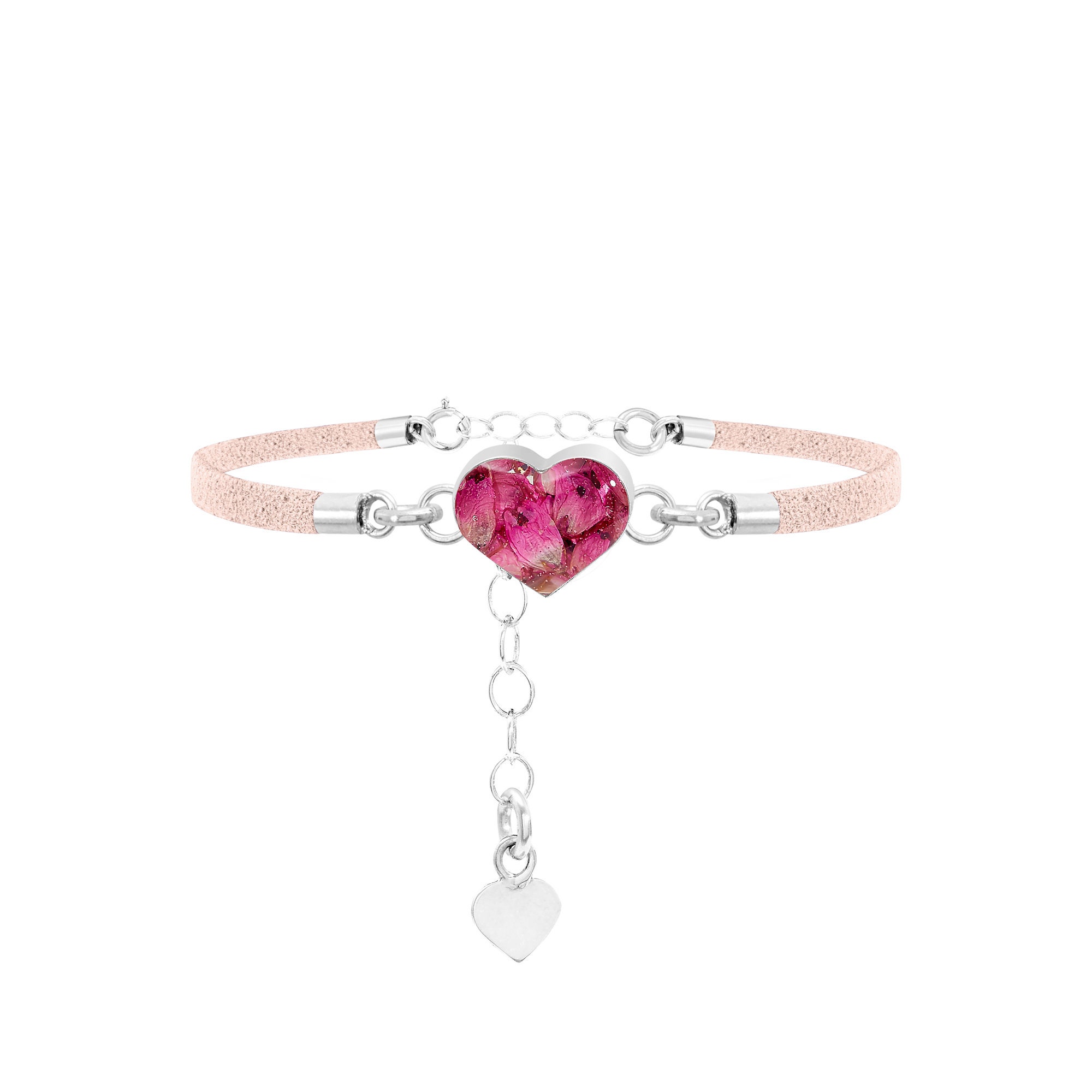 Braccialetto Shrieking Violet Funky - Cinturino rosa in 'pelle scamosciata vegana' - Margherita rosa - Regalo perfetto per insegnante - Argento