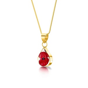 Poppy Necklace by Shrieking Violet Gold-plated sterling silver chain & teardrop pendant with a real flower. Stylish jewellery gift