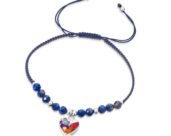 Shrieking Violet® Gemstone Bracelet - Dark Blue bracelet with Lapis Lazuli beads - Sterling silver heart with real flowers - One size