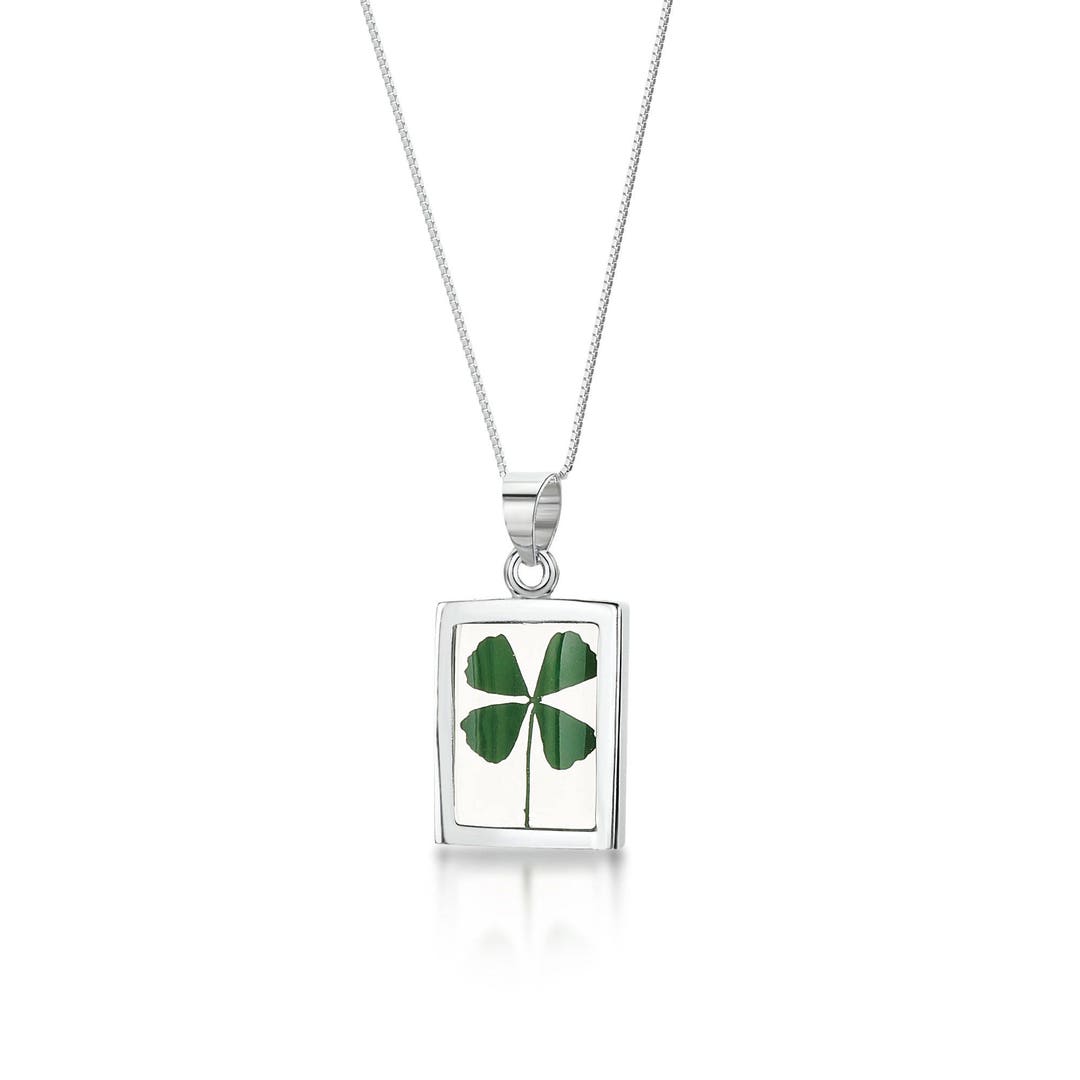 Real Four-leaf Clover Rectangle Pendant Necklace in Sterling