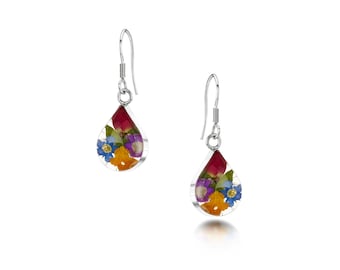 Silver drop Earrings - Mixed Flowers - Teardrop by Shrieking Violet®