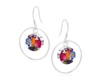 Drop earrings with real flowers by Shrieking Violet® Sterling silver round hoop & charm dangle earrings handmade with real flowers.