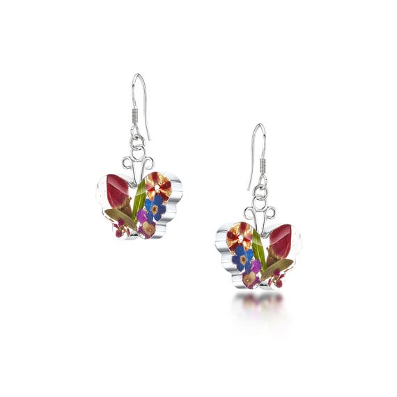 Orecchini con fiori pressati in argento Sterling con fiori secchi rossi pressati pendenti pendenti per donne, Argento sterling