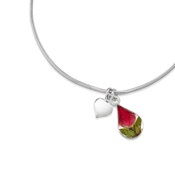 Sterling silver snake chain anklet or bracelet with real miniature rose flowers in a teardrop charm by Shrieking Violet®