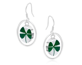 Four-leaf clover earrings by Shrieking Violet® Sterling silver dangle drop hoop & oval earrings. Good luck gift for travelling, exams