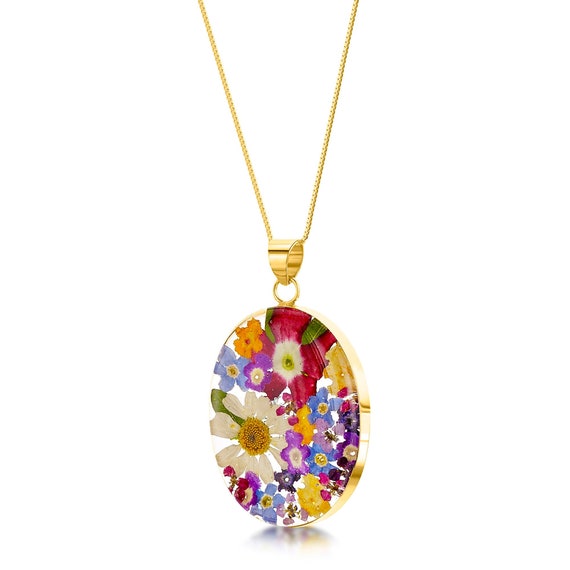 Flower Jewellery by Shrieking Violet Gold plated Sterling Silver Oval Pendant Necklace With Real Flowers. Floral Jewellery Etsy New Zealand