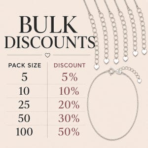 Può includere: Una collana a catena argentata con chiusura a molla e un ciondolo a forma di cuore all'estremità di una catenella di estensione. L'immagine mostra una tabella di sconti con il testo BULK DISCOUNTS, PACK SIZE e DISCOUNT, dal 5% al 50%.