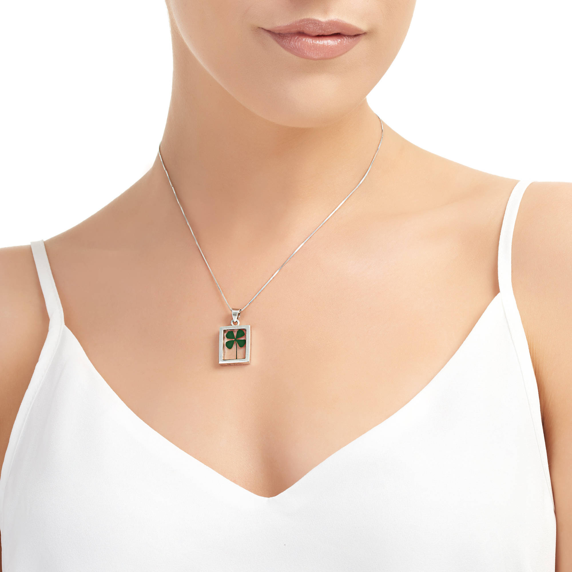 Real Four-leaf Clover Rectangle Pendant Necklace in Sterling