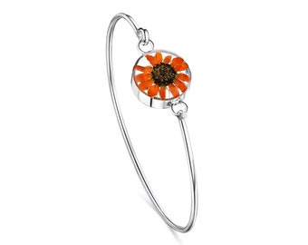 Sunflower bangle with real flowers by Shrieking Violet® Sterling silver bangle with a tiny black-eyed Susan sunflower