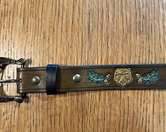 Brown Leather belt; bear, oak leaf, woman-made, handmade