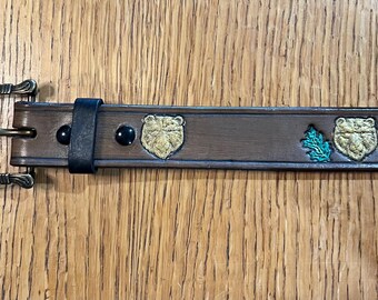 Brown Leather belt; bear, oak leaf, woman-made, handmade