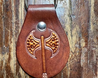 Brown leather key fob, labrys key fob, labyris key fob, woman-made, hand-made