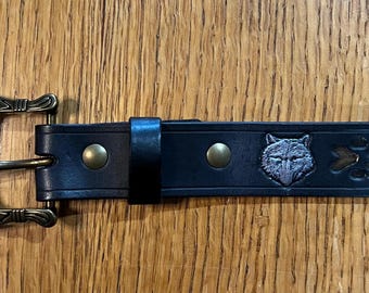 Black leather belt; wolf and wolf-track, woman-made, handmade