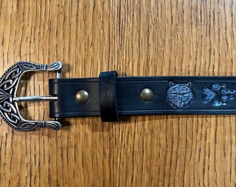 Black Leather belt; wolf & wolf tracks, silver colored hardware, woman-made, handmade