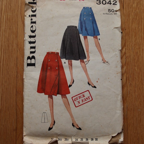 Vintage 1960s Butterick Misses' Skirt pattern 3042 size waist 24"