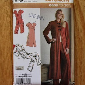 May include: Simplicity sewing pattern 3968, size K5 8-16, featuring illustrations of a long-sleeved robe, trousers, and a dress. The package includes a photograph of a person wearing a long, dark red robe with black frog closures and matching trousers.