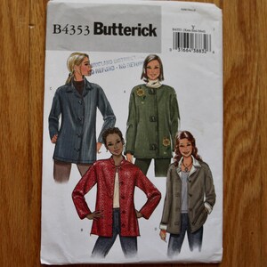 May include: A Butterick B4353 sewing pattern envelope featuring illustrations of four different jacket styles. The designs include a dark blue button-front jacket, an olive green jacket with sunflower details, a red patterned jacket, and a tan jacket.