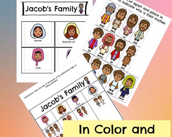 May include: A printable educational activity for children to learn about Jacob's family from the Bible. The activity includes a title card with the words "Jacob's Family" and a set of cards with illustrations of the sons of Jacob. The cards are designed to be cut out and placed in envelopes to indicate who their mother is.