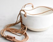 Simple Airy Contemporary Porcelain Medium Hanging Planter with Copper and Leather