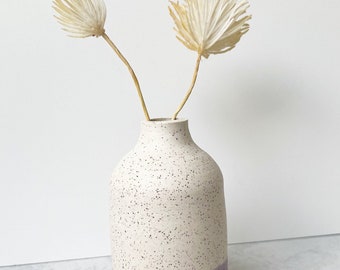 White and Lavender Handmade Bud Vase in speckled clay