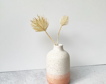 White and Pink Handmade Bud Vase in speckled clay