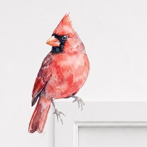 Puede incluir: Pintura a la acuarela de un cardenal rojo vibrante con máscara y pico negros. El ave está posada sobre una superficie blanca, mostrando sus detalladas plumas y postura. La obra de arte captura la belleza natural del ave.