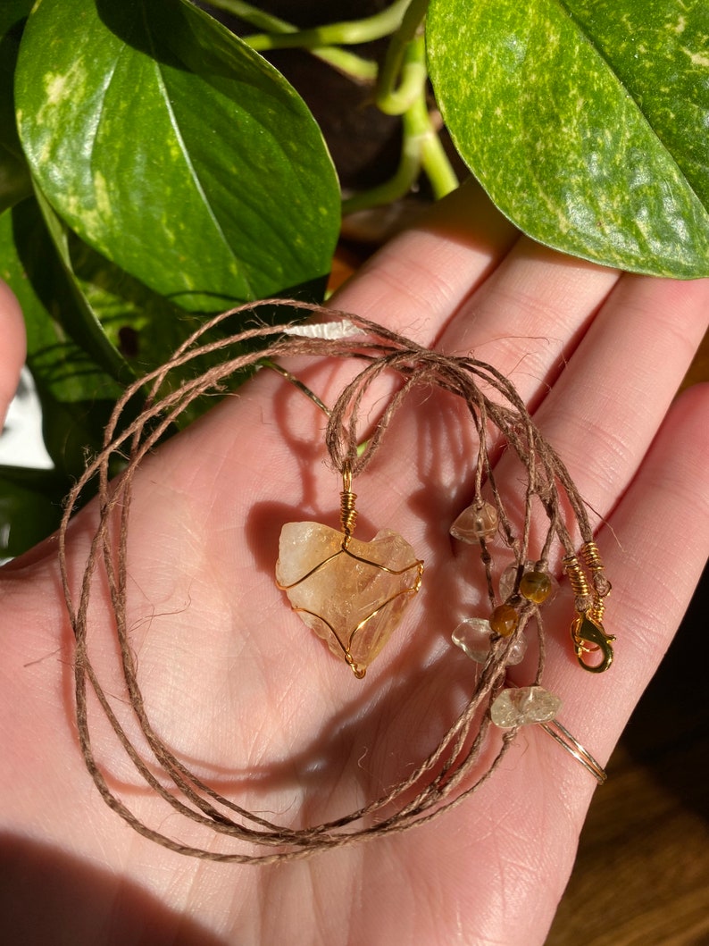 Citrine Gold Plated Wire Wrapped Crystal 23\u201d Natural Hemp Necklace with Citrine /& Tigers Eye Beads